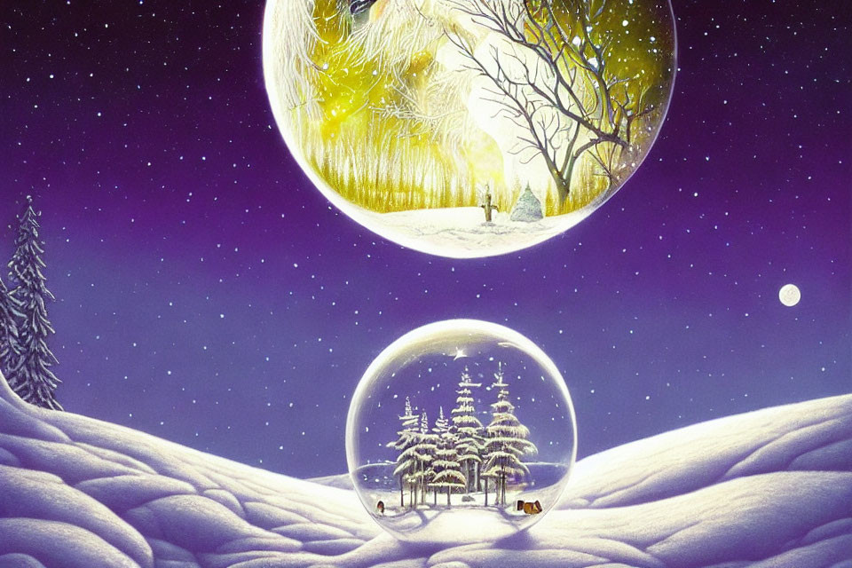 Snowy Winter Landscape with Snow Globe and Golden Tree Silhouette