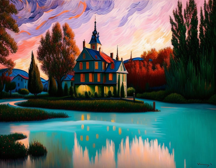 Scenic painting of stately house by calm lake in autumn.