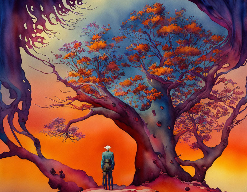 Colorful tree and person under vibrant sky in surreal setting