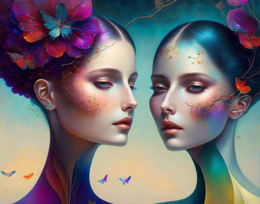 Symmetrical portraits of women with flowers, butterflies, and glitter on colorful gradient.