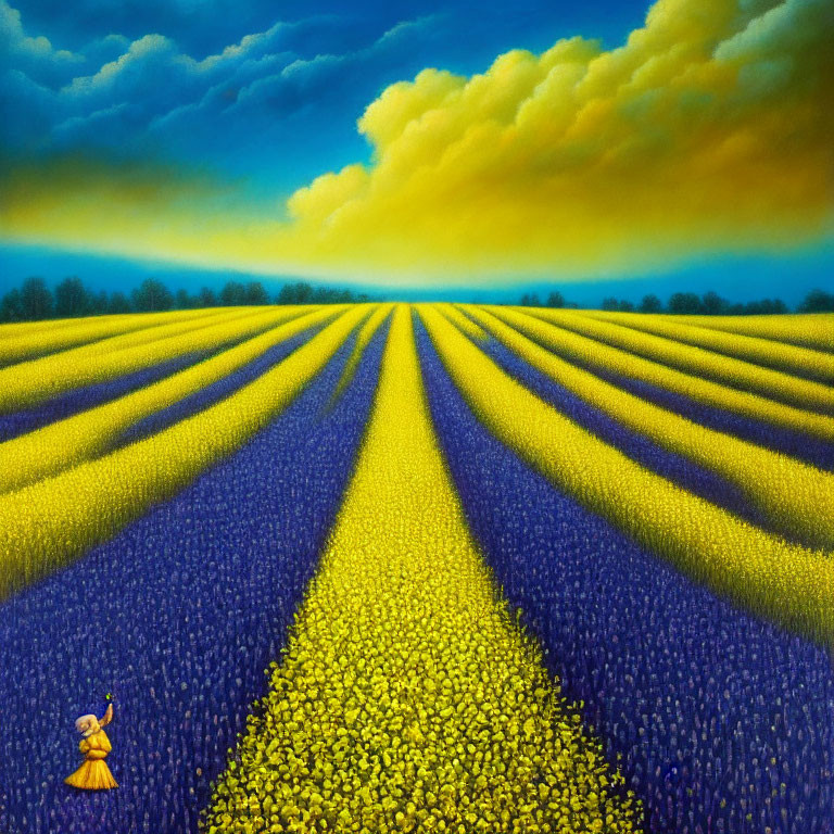 Vibrant painting of woman in yellow amidst yellow flowers under dramatic blue sky