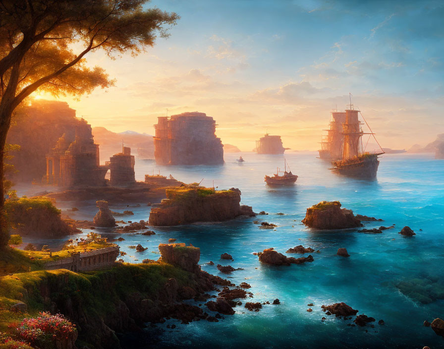 Sunset seascape with ancient ruins, sailing ships, vibrant sky, and rocky islands