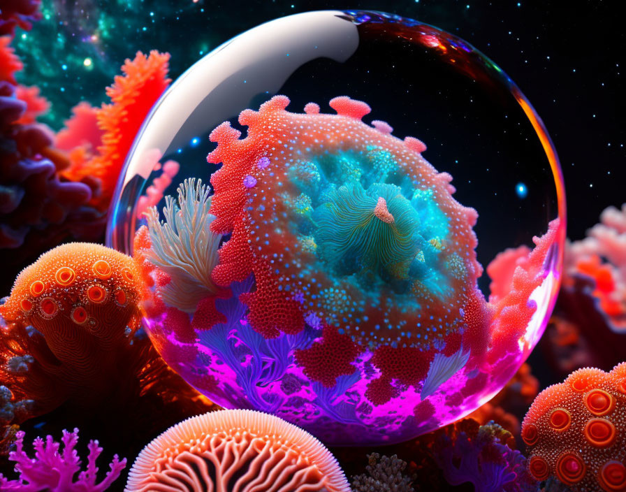 Colorful digital artwork: Bubble with coral reef ecosystem amid vibrant corals & starry sky