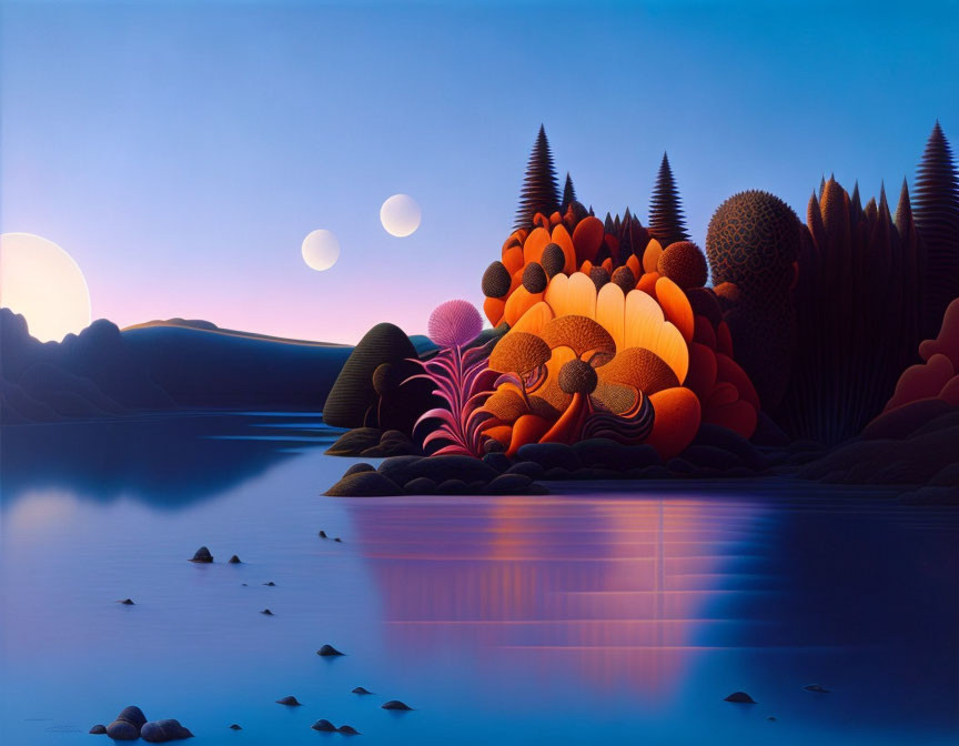 Colorful Sunset Landscape with Patterned Hills, Two Moons, and Blue Lake