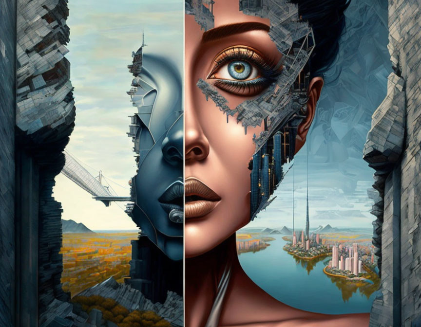 Surrealist digital painting: Woman's face merges with cliffs and cityscape, split with fantasy city