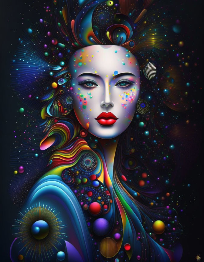 Colorful digital artwork of woman with cosmic patterns and stars.