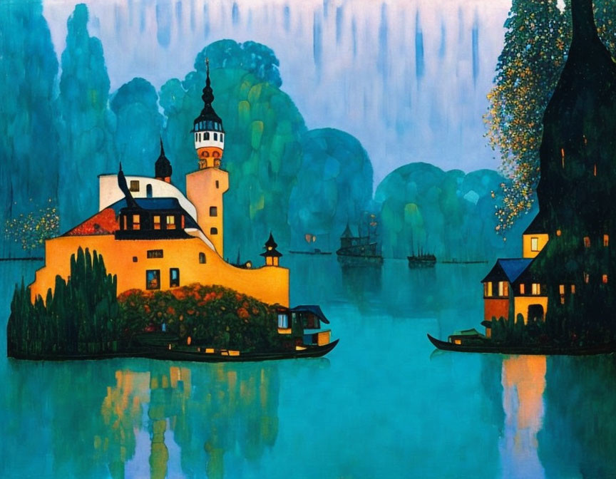 Stylized painting: Riverside scene with castle, boats, trees