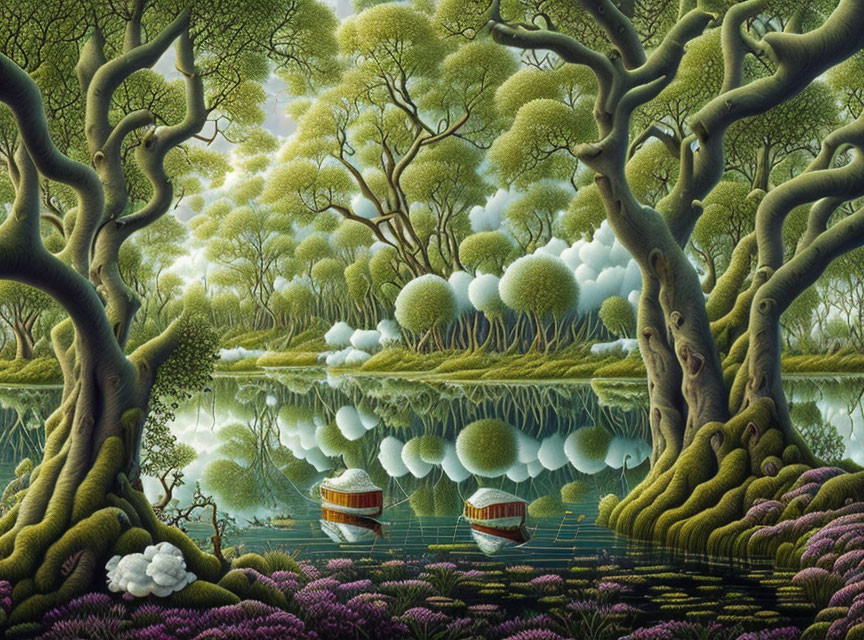 Surreal landscape with intricate trees, boats, and spherical bushes