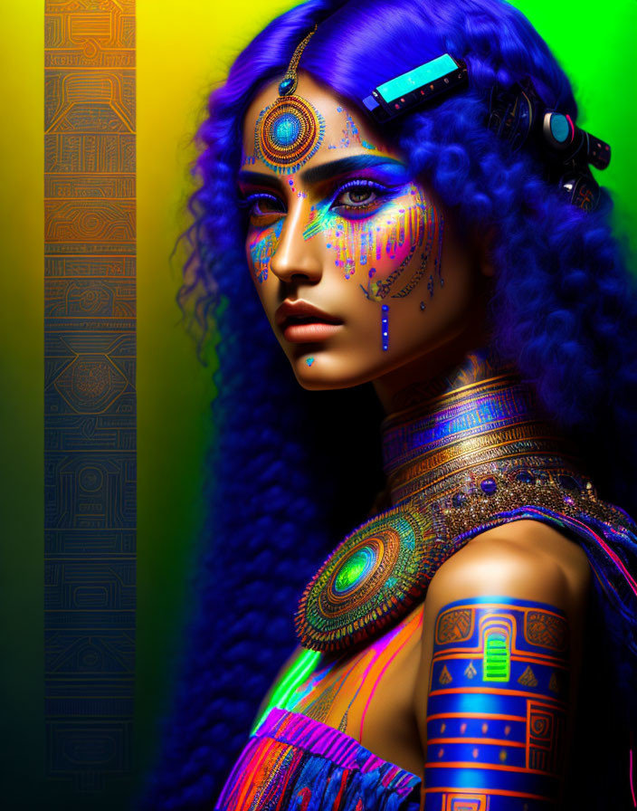 Portrait of Woman with Vibrant Blue Hair and Tribal Makeup on Gradient Background