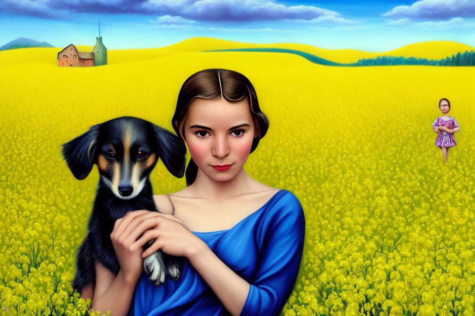 Woman in Blue Dress with Black Dog in Yellow Flower Field and Farmhouse Background