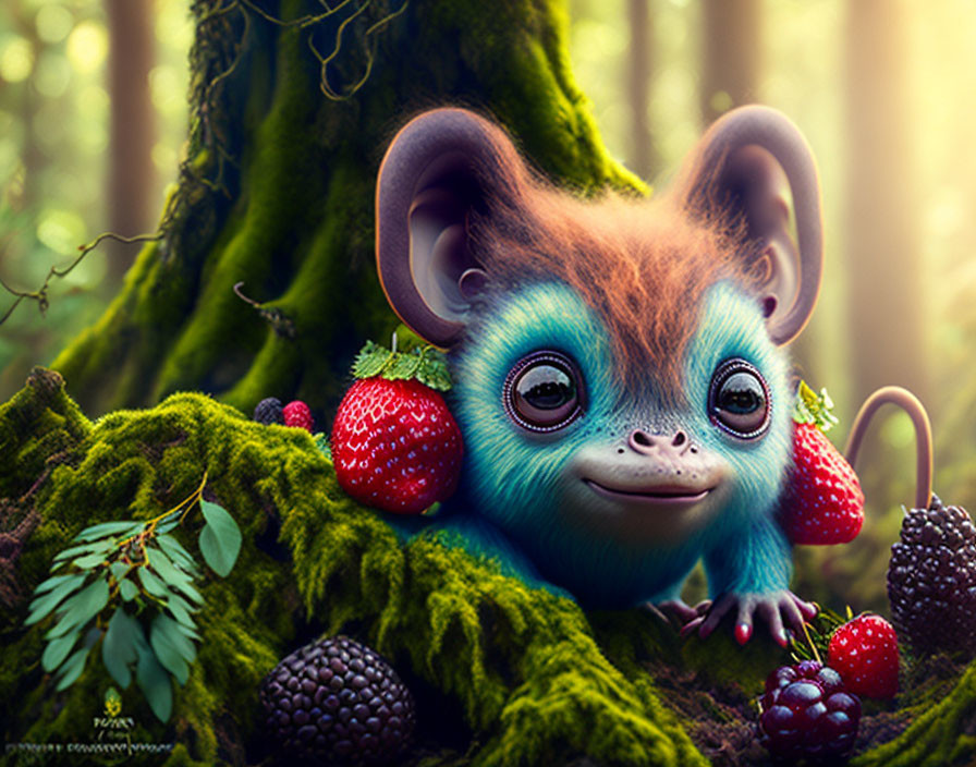 Blue-faced creature with large ears and eyes in forest setting among moss and berries