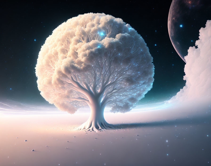 Luminescent tree on alien landscape with hovering planets.