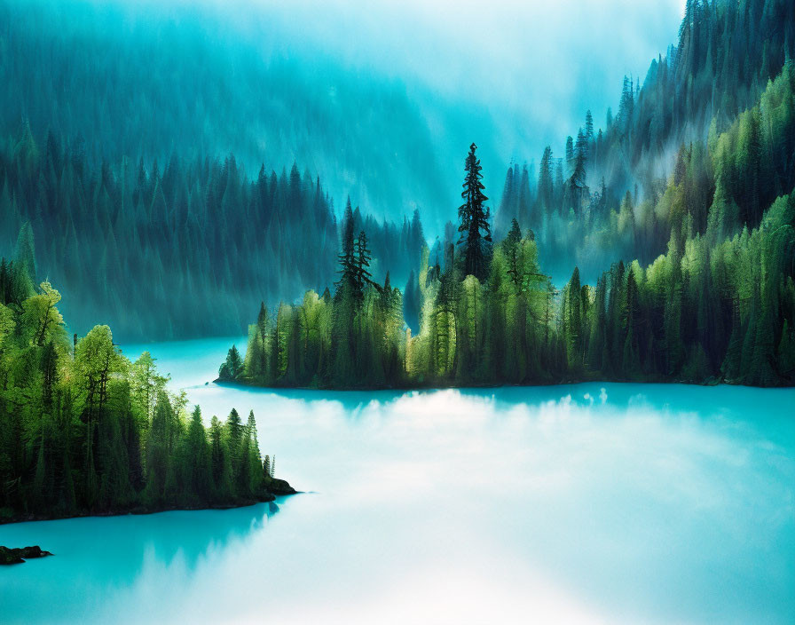 Misty Turquoise Lake in Lush Green Forests