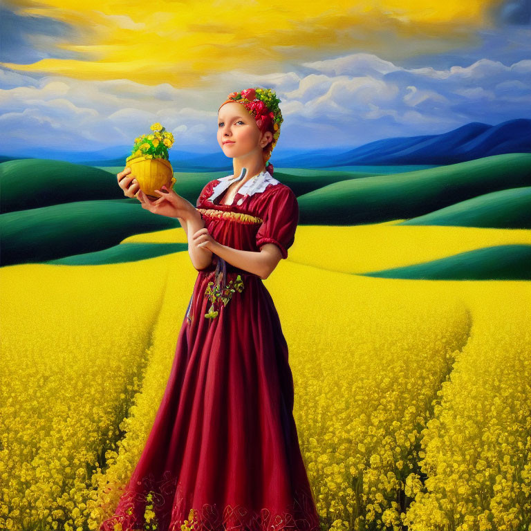 Young girl in traditional dress with flower basket in yellow flower fields under blue sky.