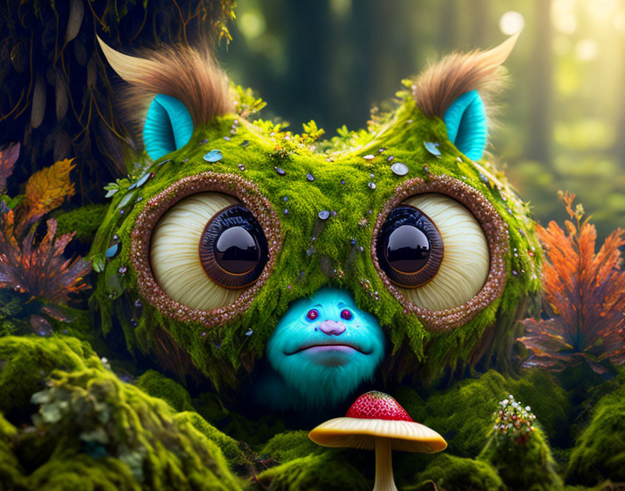 Mossy fur fantastical creature with large eyes in enchanted forest