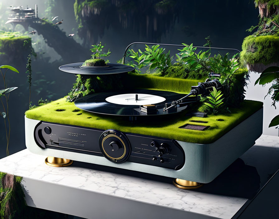Stylized turntable with greenery and brass accents in mystical forest.