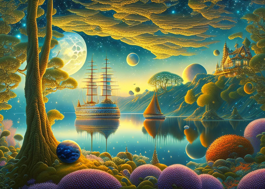 Fantastical landscape with ship, castle, planets, and exotic foliage