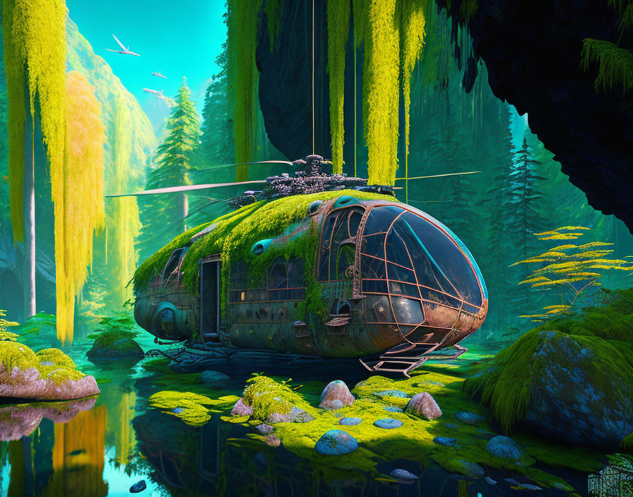 Digital artwork: Abandoned helicopter in mystical forest with moss-covered trees