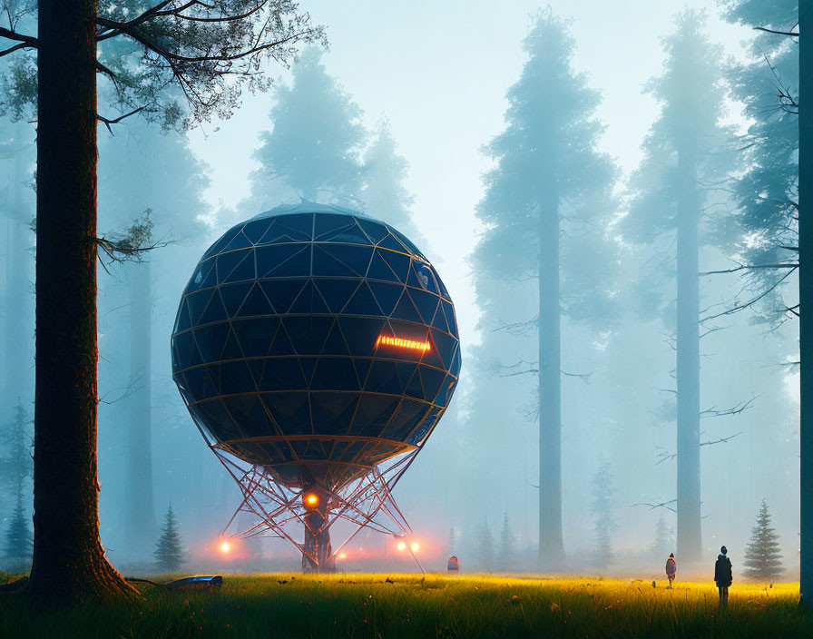 Spherical structure in misty forest with people under orange lights