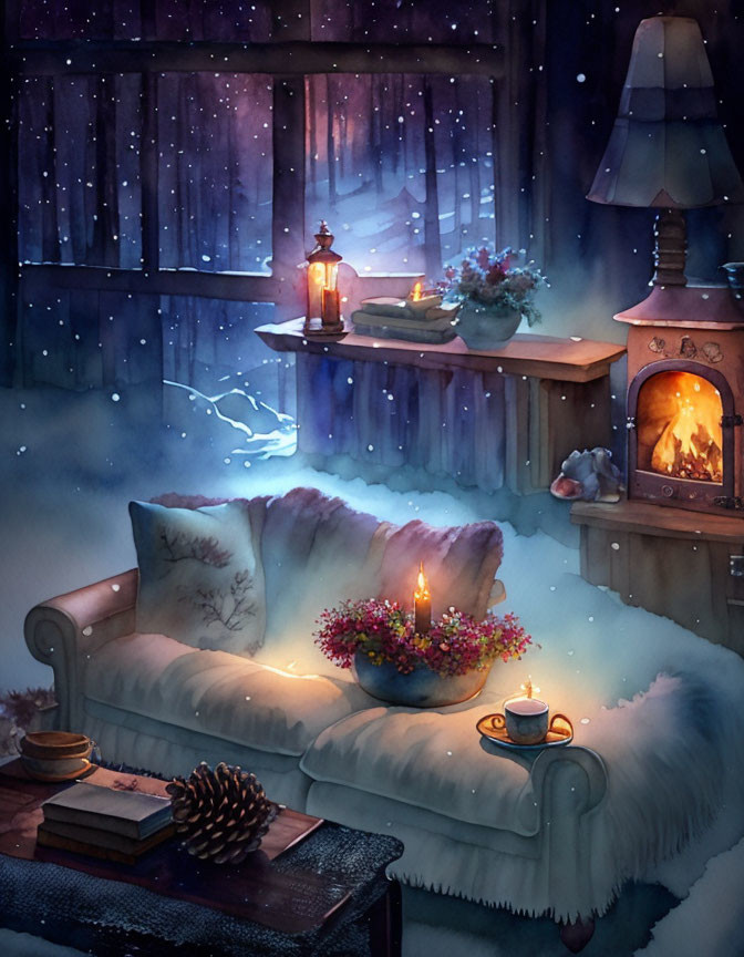 Warm Fireplace and Cozy Decor in Snowy Night Setting