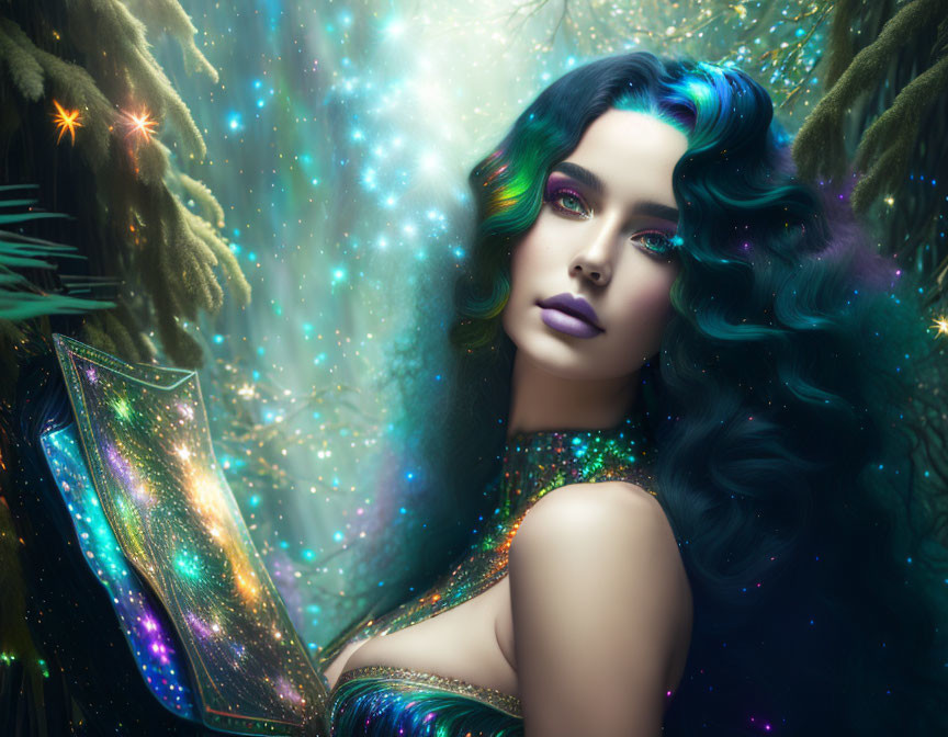 Vibrant rainbow hair woman with sparkling book in mystical setting