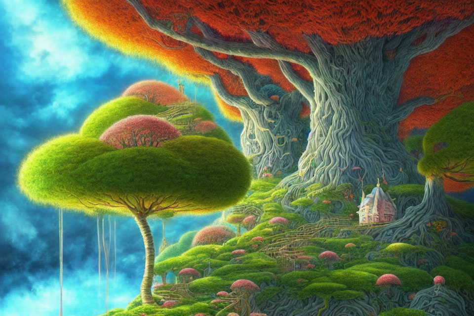 Colorful Fantasy Landscape with Oversized Trees and Small Figure