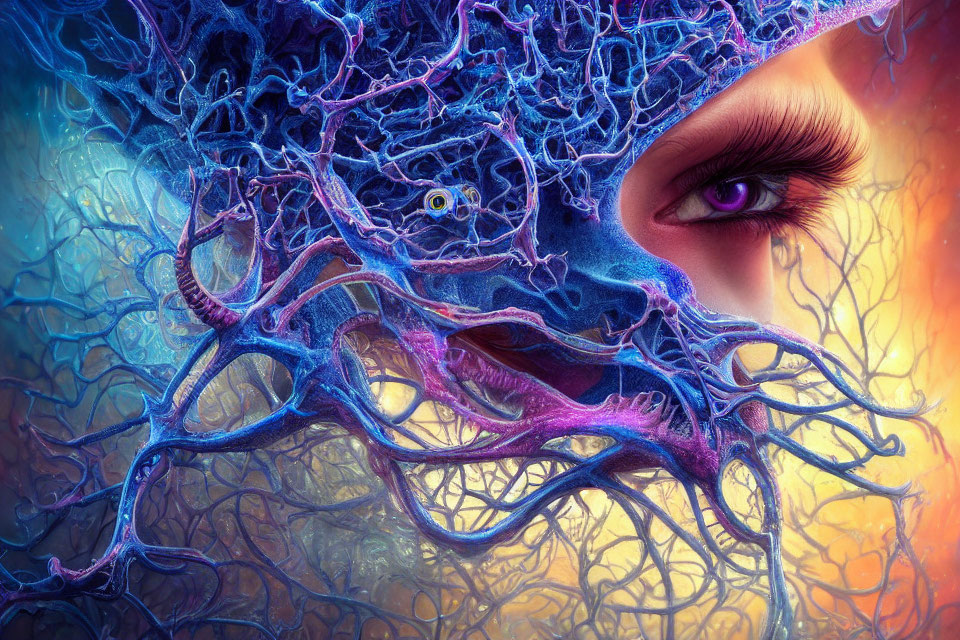 Vibrant surreal illustration of a human eye in blue, purple, and orange hues