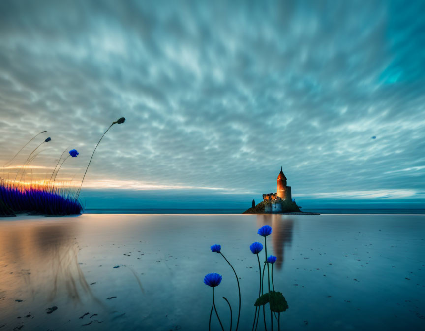 Twilight scene: lone castle reflected in serene water with dramatic sky.