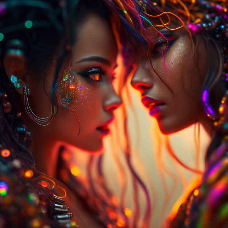 Two women with elaborate fantasy makeup in close proximity surrounded by ethereal glow