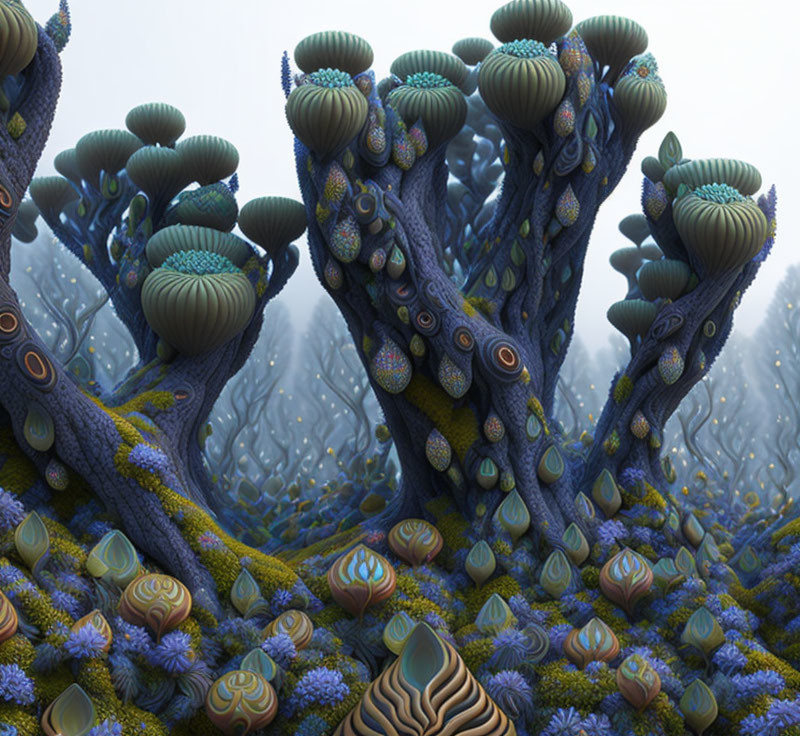 Vibrant blue and purple alien trees with coral-like structures in misty setting