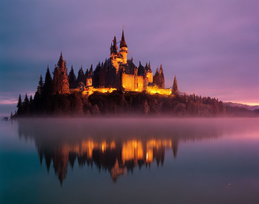 Fairytale castle on hill reflected in misty lake at twilight