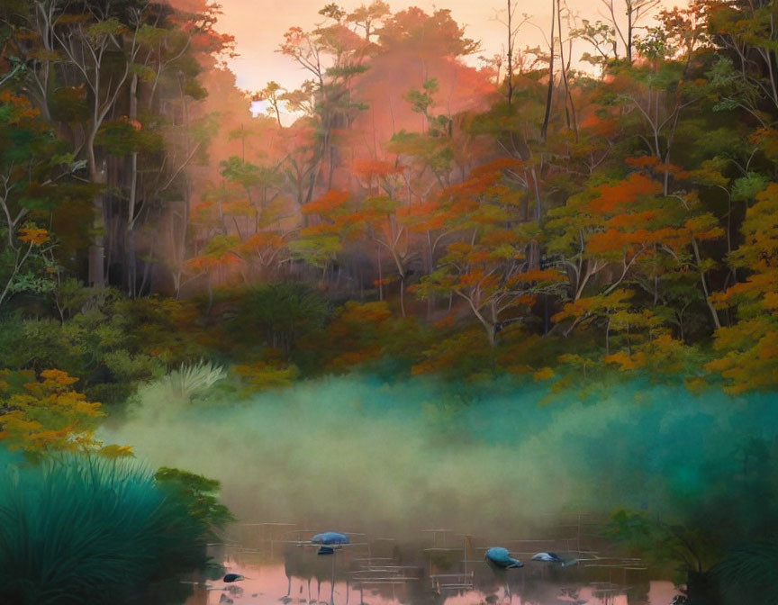 Tranquil pond with mist, lush autumn trees, and wading birds