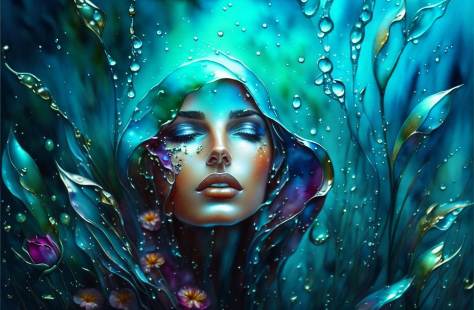 Surreal woman's face in teal floral setting with water droplets