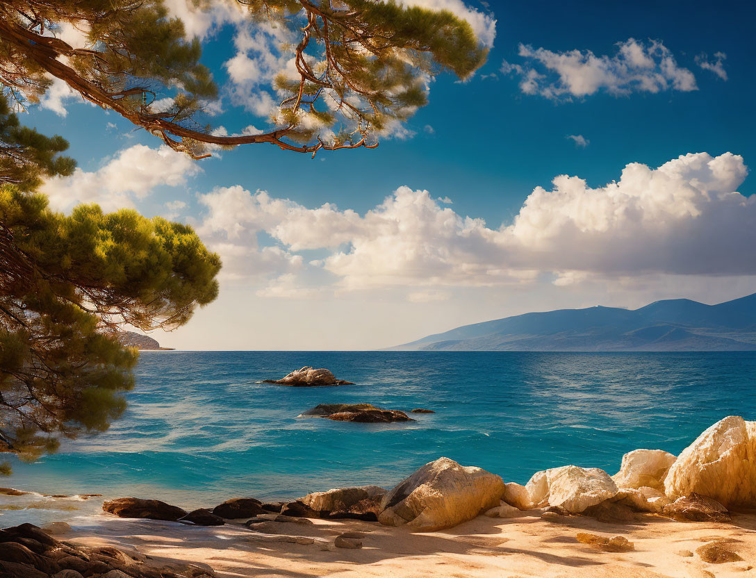 Tranquil beach scene with blue waters, white rocks, green trees, cloudy sky, distant mountains