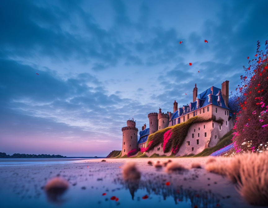 Majestic castle by shore at twilight with red flowers and birds