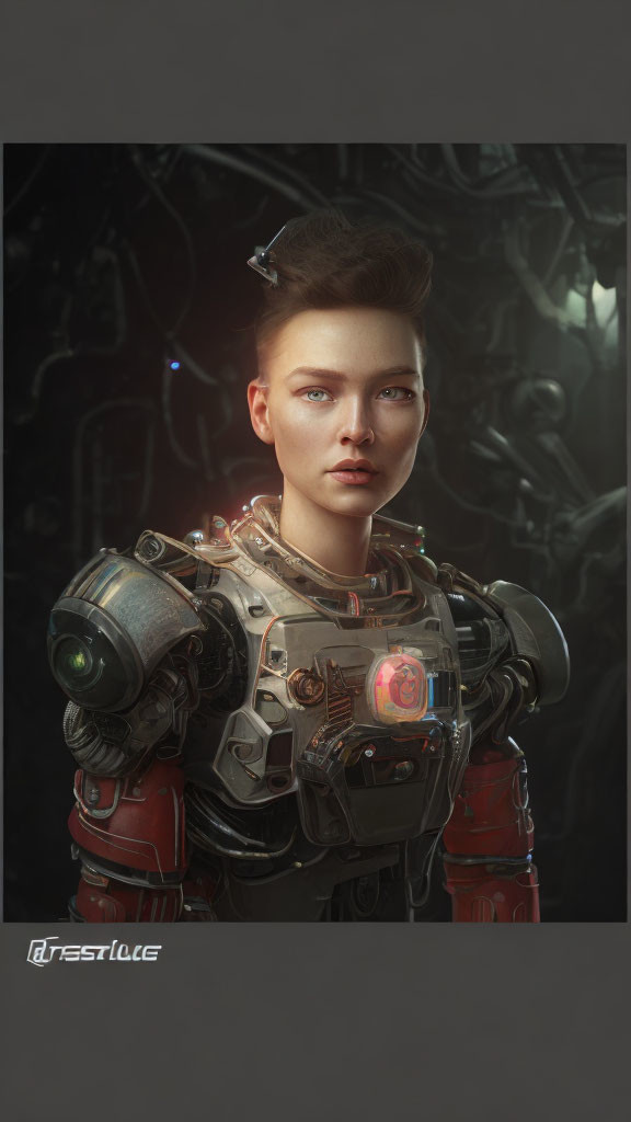 Digital artwork of woman in futuristic mechanized suit with undercut hairstyle