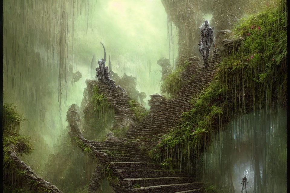 Moss-Covered Staircase in Enchanted Forest with Robed Figures