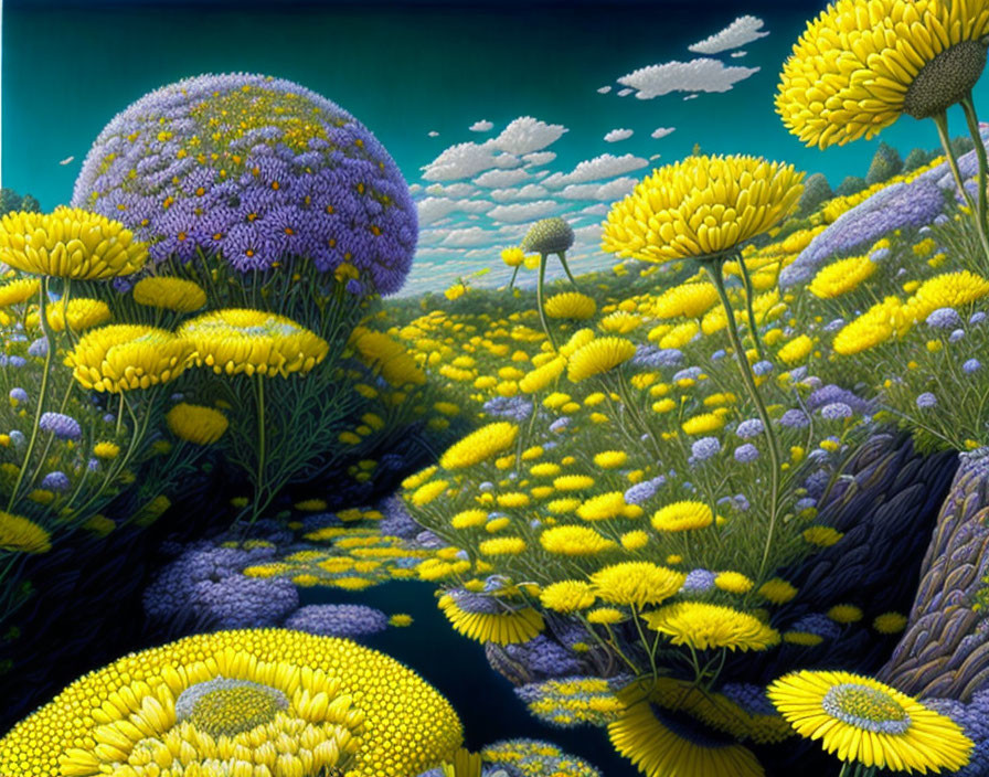 Colorful landscape with oversized yellow and purple flowers, clear river, and surreal sky.