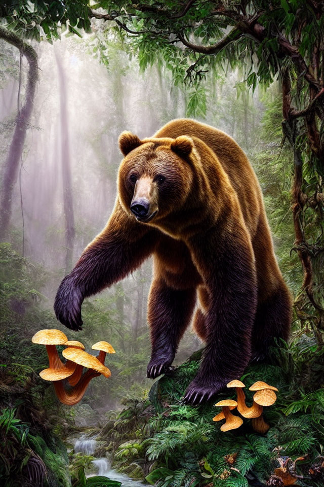 Large Bear in Misty Forest with Orange Mushrooms and Stream