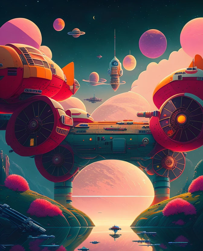 Large Spaceship Docked on Bridge in Vibrant Sci-Fi Scene