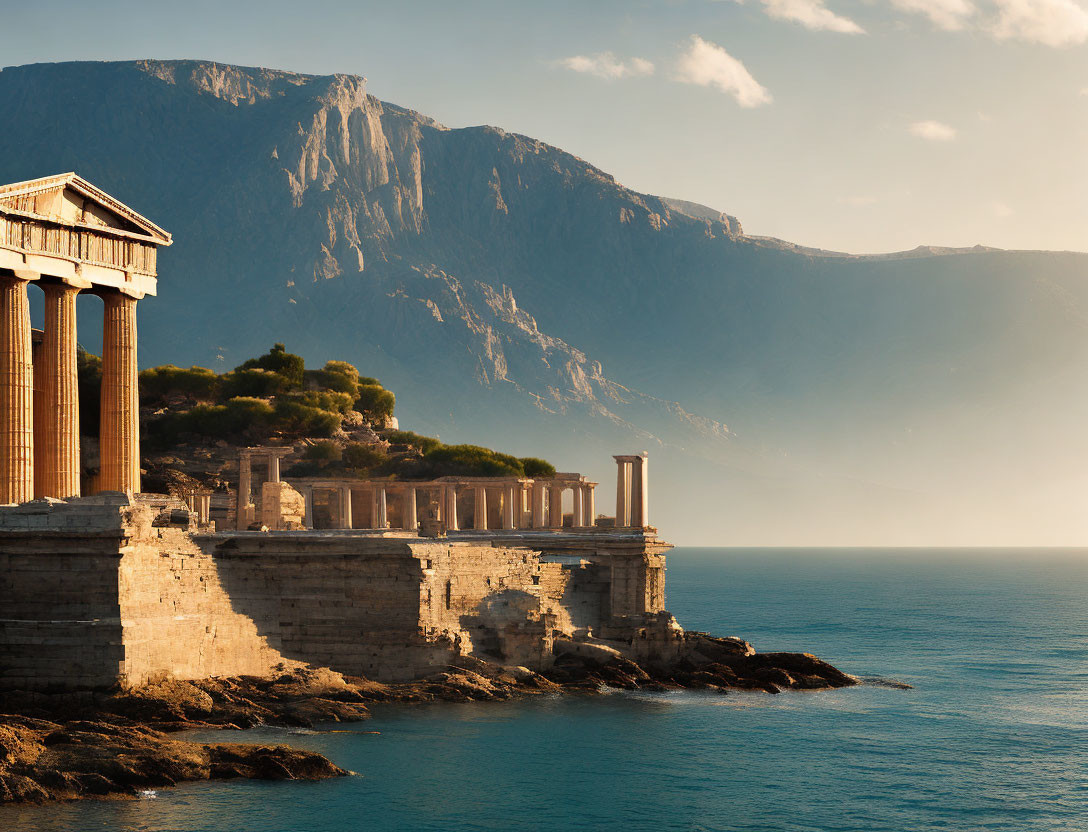 Ancient ruins near sea with mountain backdrop and hazy sky