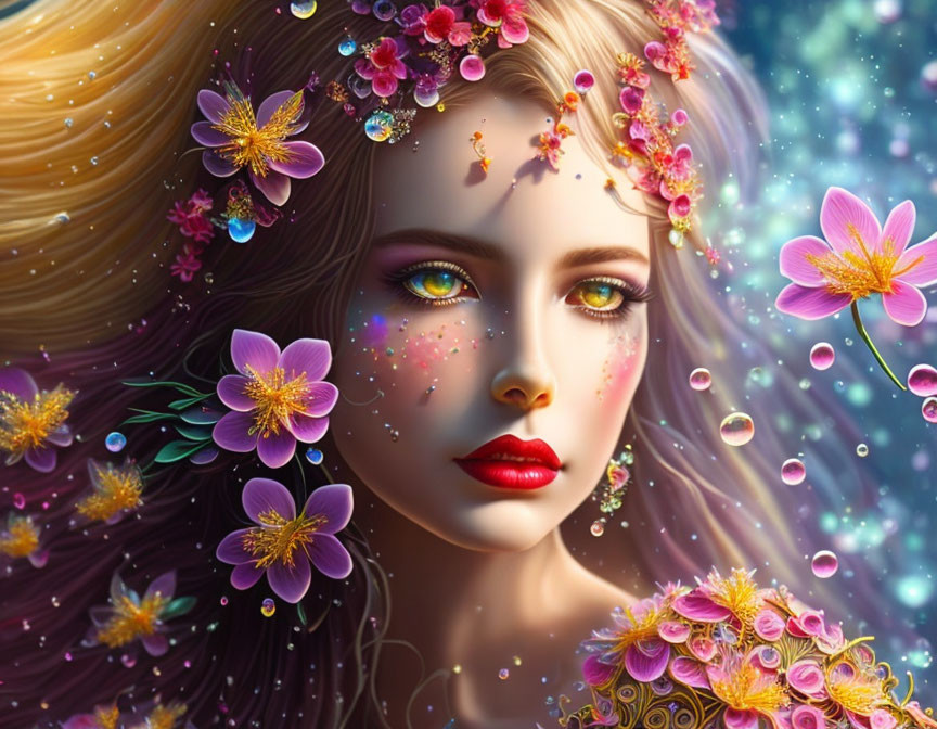 Digital art portrait: Woman with flowing hair, flowers, and jewels on starry backdrop