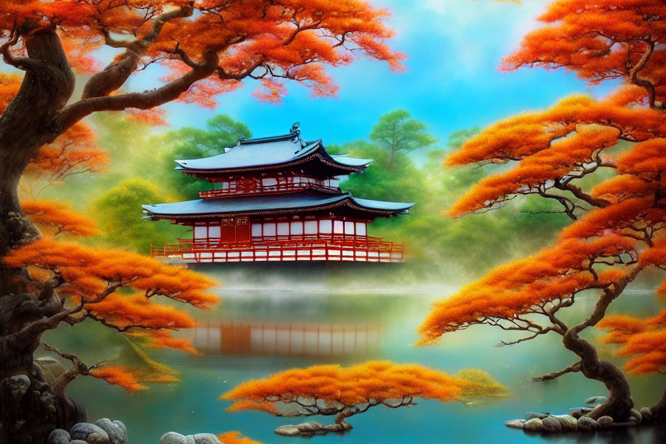 Traditional red pagoda in serene pond with mist and vibrant foliage
