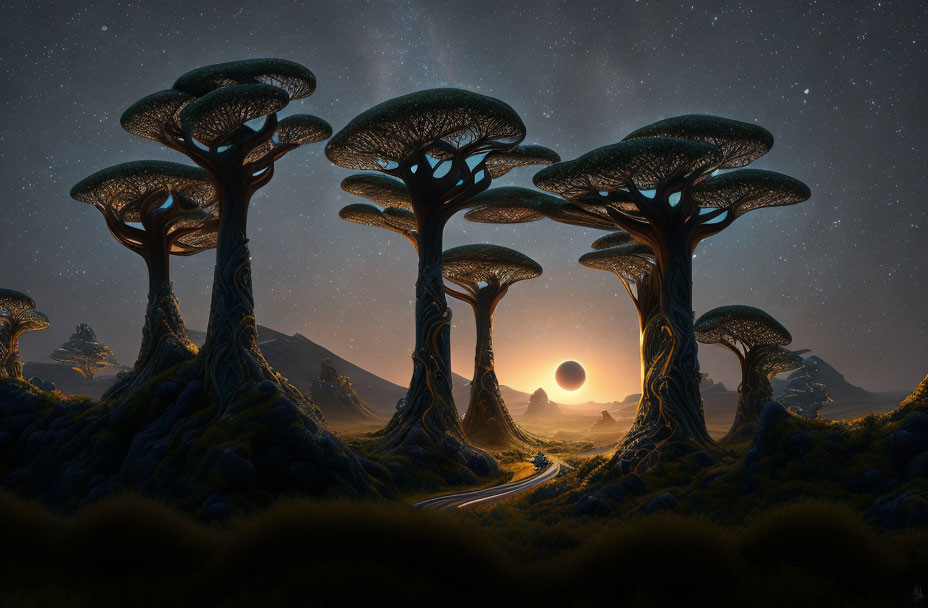 Fantasy twilight landscape with mushroom-shaped trees and path towards sunset.