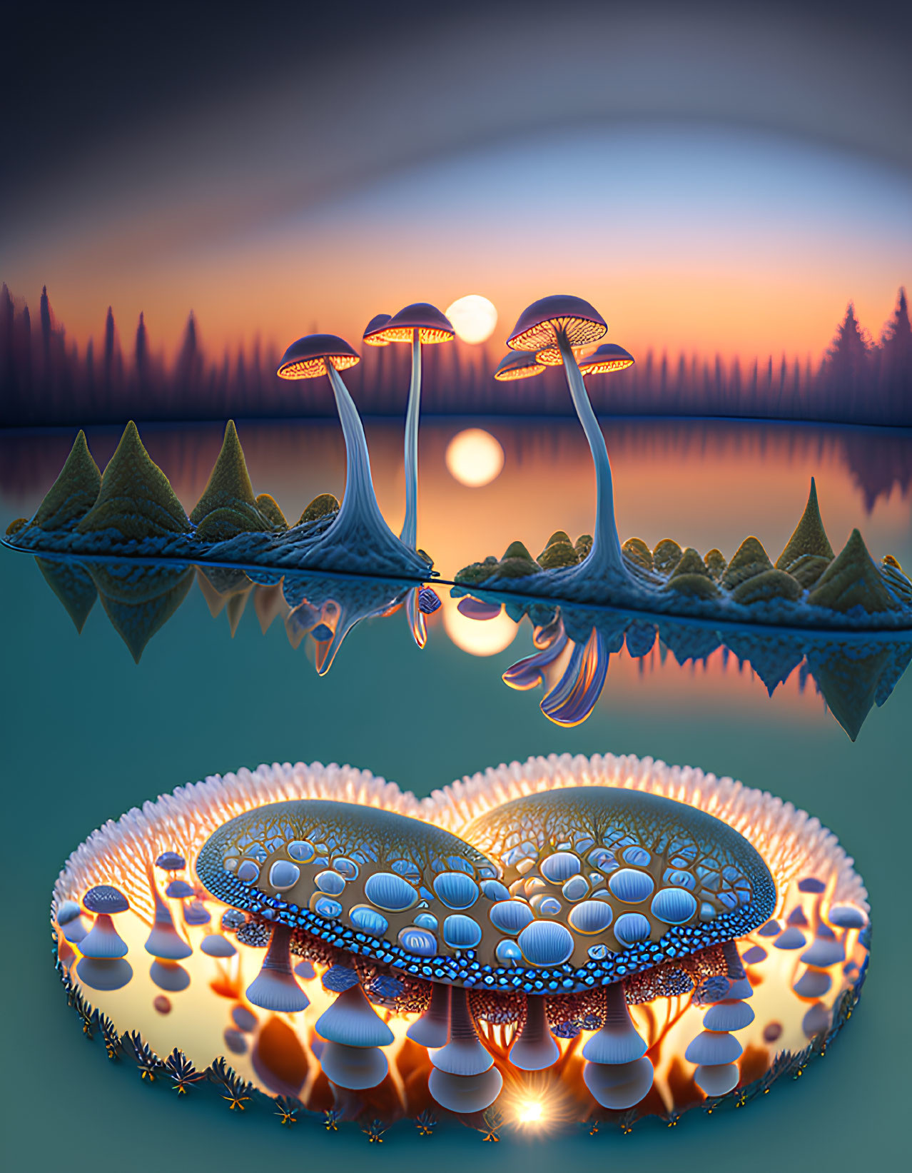 Surreal landscape with glowing mushrooms and trees reflected in water at sunset