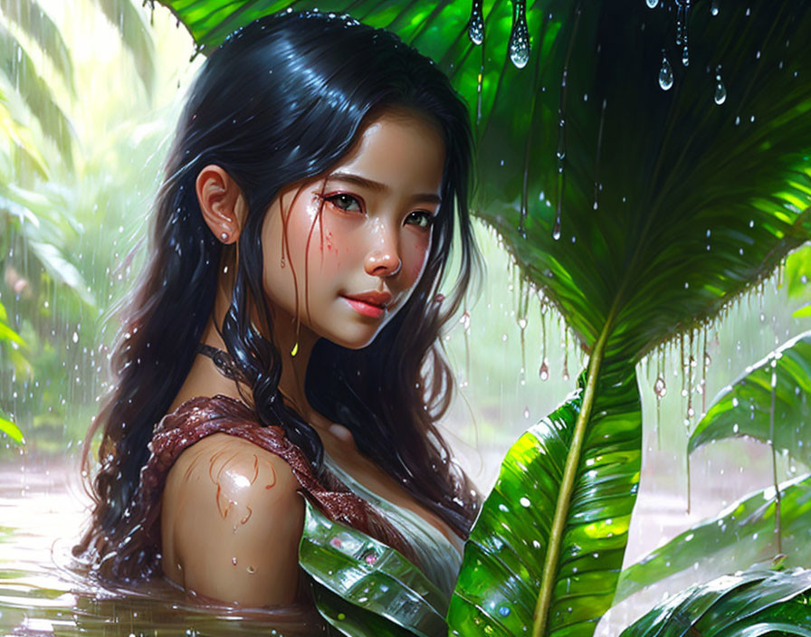 Digital illustration: Woman in tropical rain with glistening skin & hair