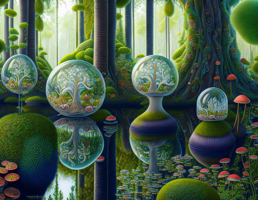 Fantastical forest with lush greenery and vibrant mushrooms