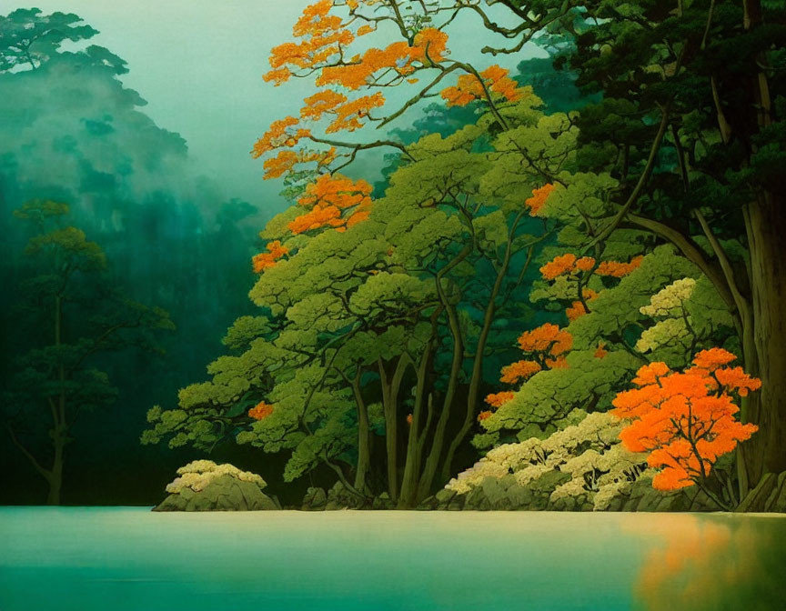 Tranquil lake landscape with lush green trees and vibrant orange foliage