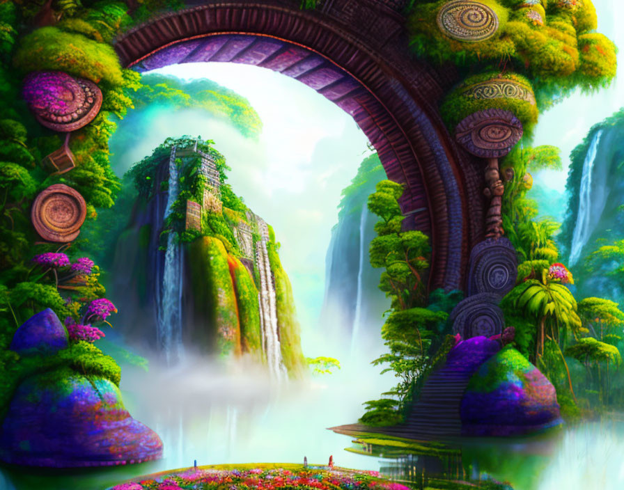 Fantasy landscape with stone bridge, waterfalls, and mystical flora