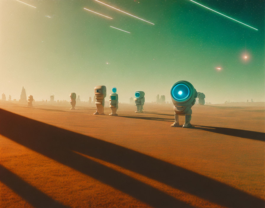 Four small robots with a single large eye in a desert landscape under an orange sky with comets.